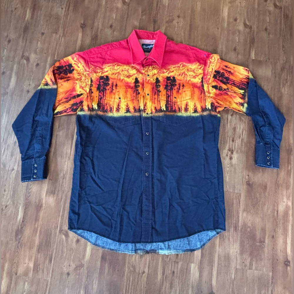 VTG Wrangler Pearl Snap Shirt XLT Flame 🔥 Western Cowboy Rodeo MC4091M